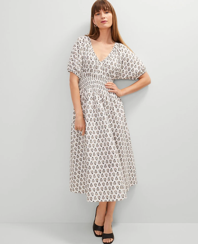 Ann Taylor Floral Smocked Puff Sleeve Midi Dress Winter White Women's