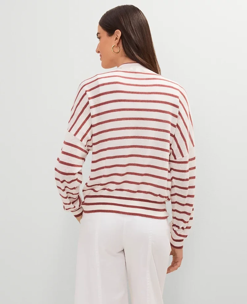 Ann Taylor Linen Blend Striped V-Neck Cardigan Size Medium Red/White Multi Women's