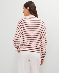 Ann Taylor Linen Blend Striped V-Neck Cardigan Size Medium Red/White Multi Women's