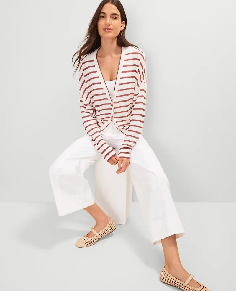 Ann Taylor Linen Blend Striped V-Neck Cardigan Size Medium Red/White Multi Women's