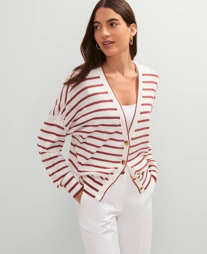 Ann Taylor Linen Blend Striped V-Neck Cardigan Size Medium Red/White Multi Women's