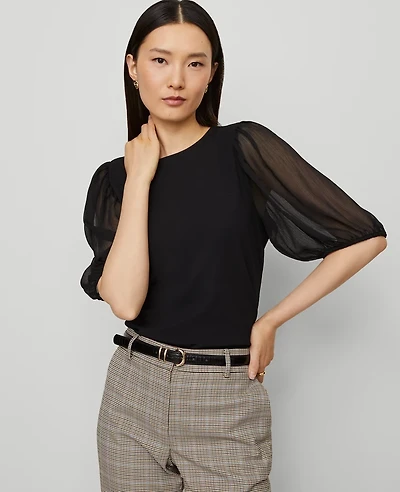 Ann Taylor Petite Mixed Media Pleated Sleeve Top Women's