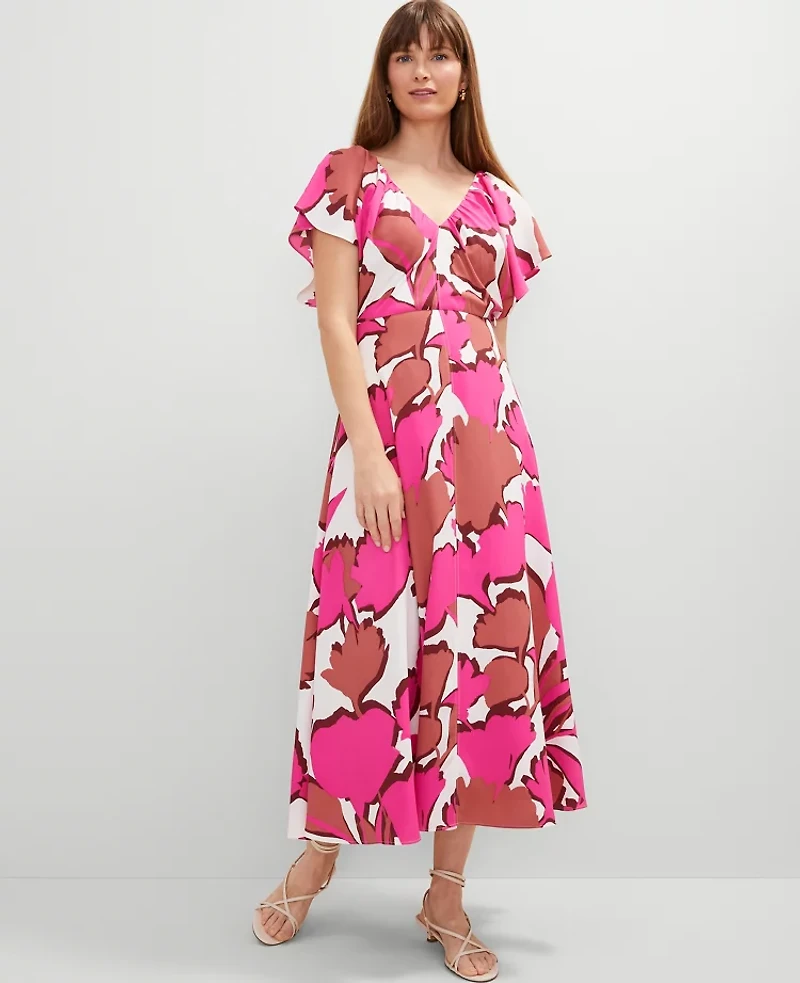 Ann Taylor Floral Flutter Sleeve Midi Dress Rose Violet Women's