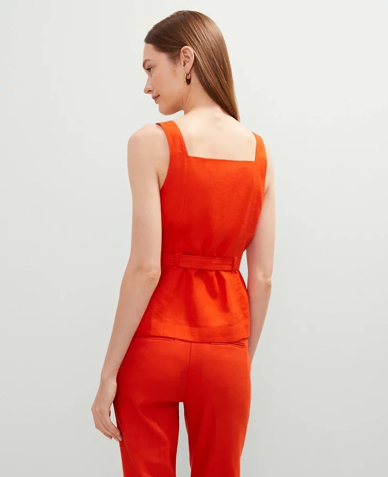 Ann Taylor Petite Linen Blend Button Tie Waist Top Red Pepper Women's