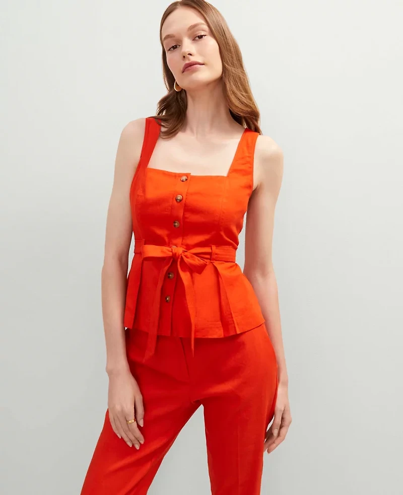 Ann Taylor Petite Linen Blend Button Tie Waist Top Red Pepper Women's