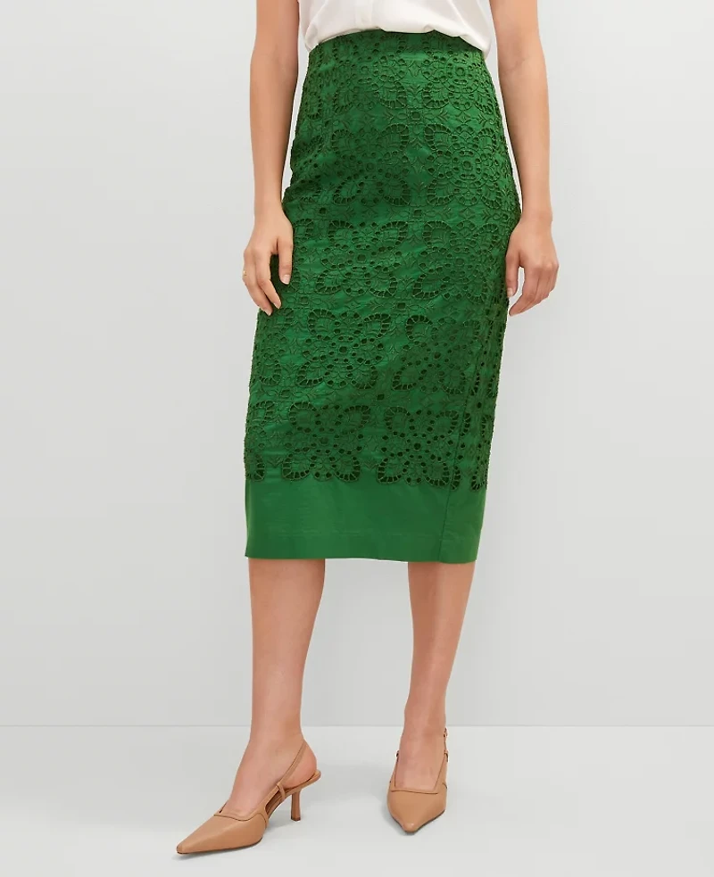 Ann Taylor Petite Eyelet Column Midi Skirt Size 4 Leafy Green Women's
