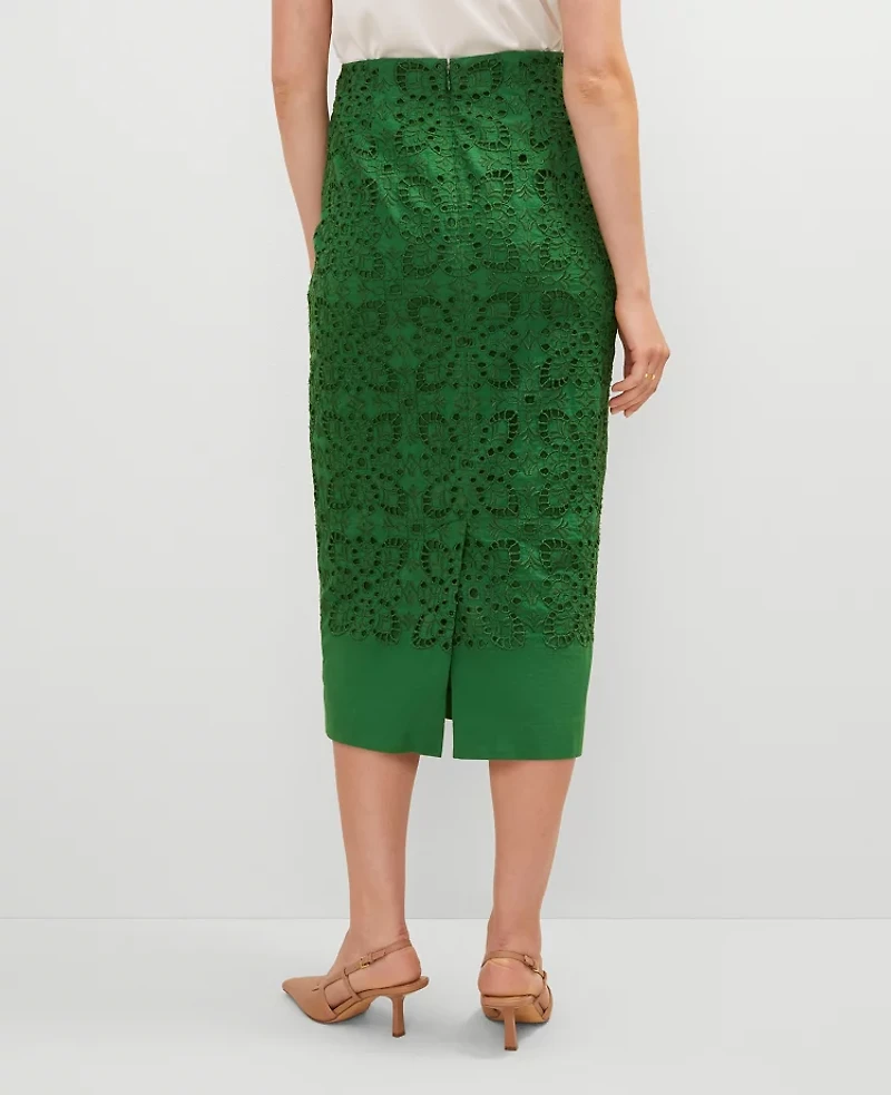 Ann Taylor Petite Eyelet Column Midi Skirt Size 4 Leafy Green Women's