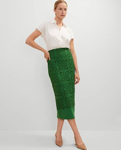 Ann Taylor Petite Eyelet Column Midi Skirt Size 4 Leafy Green Women's