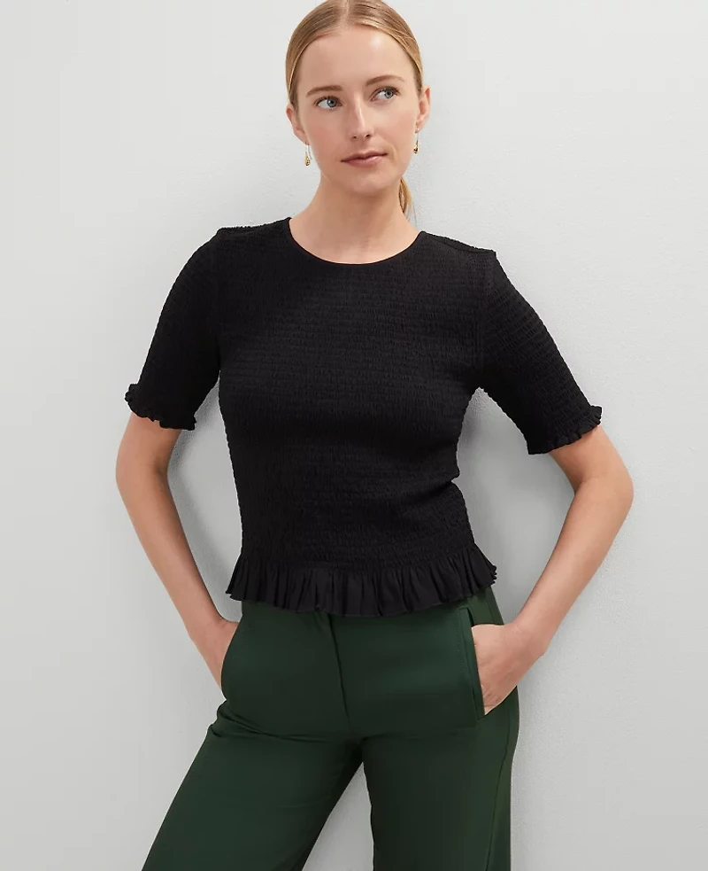 Ann Taylor Petite Smocked Ruffle Trimmed Top Women's