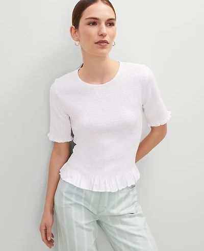 Ann Taylor Petite Smocked Ruffle Trimmed Top Size Medium White Women's