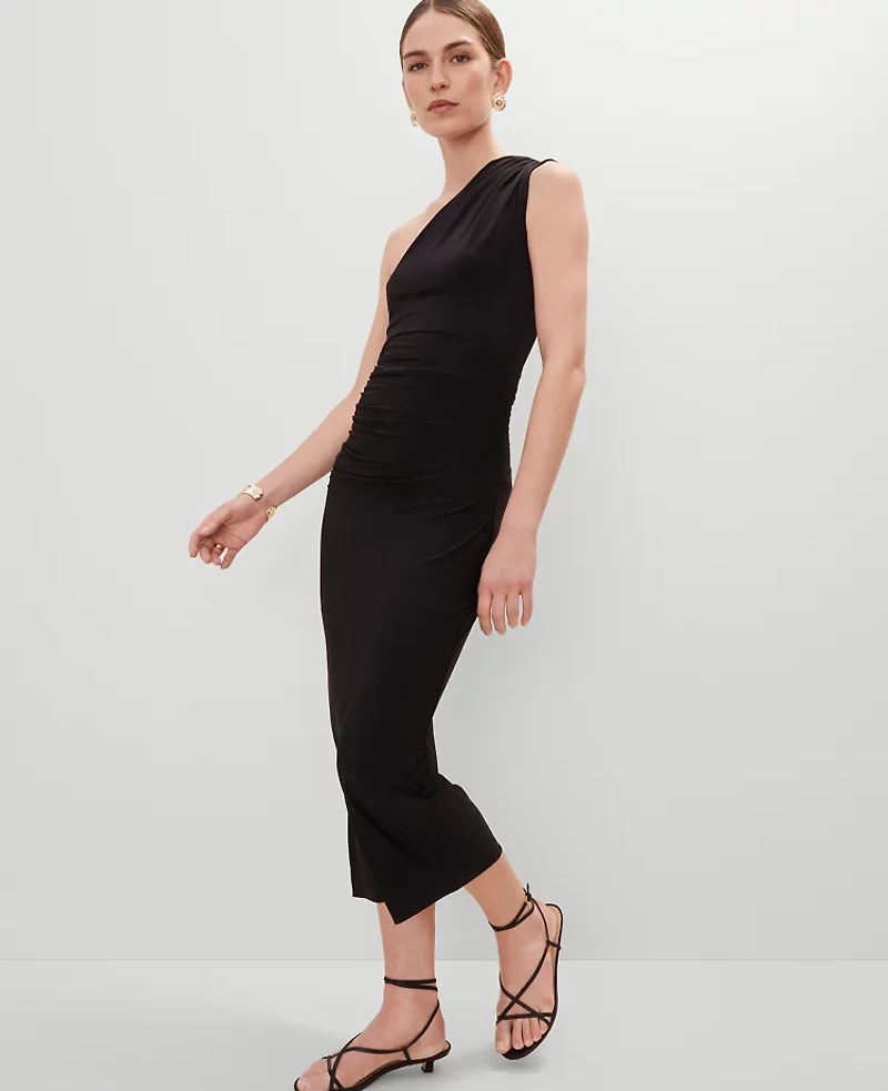 Ann Taylor Petite One Shoulder Shirred Midi Dress Black Women's