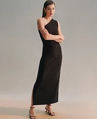 Ann Taylor Petite One Shoulder Shirred Midi Dress Black Women's