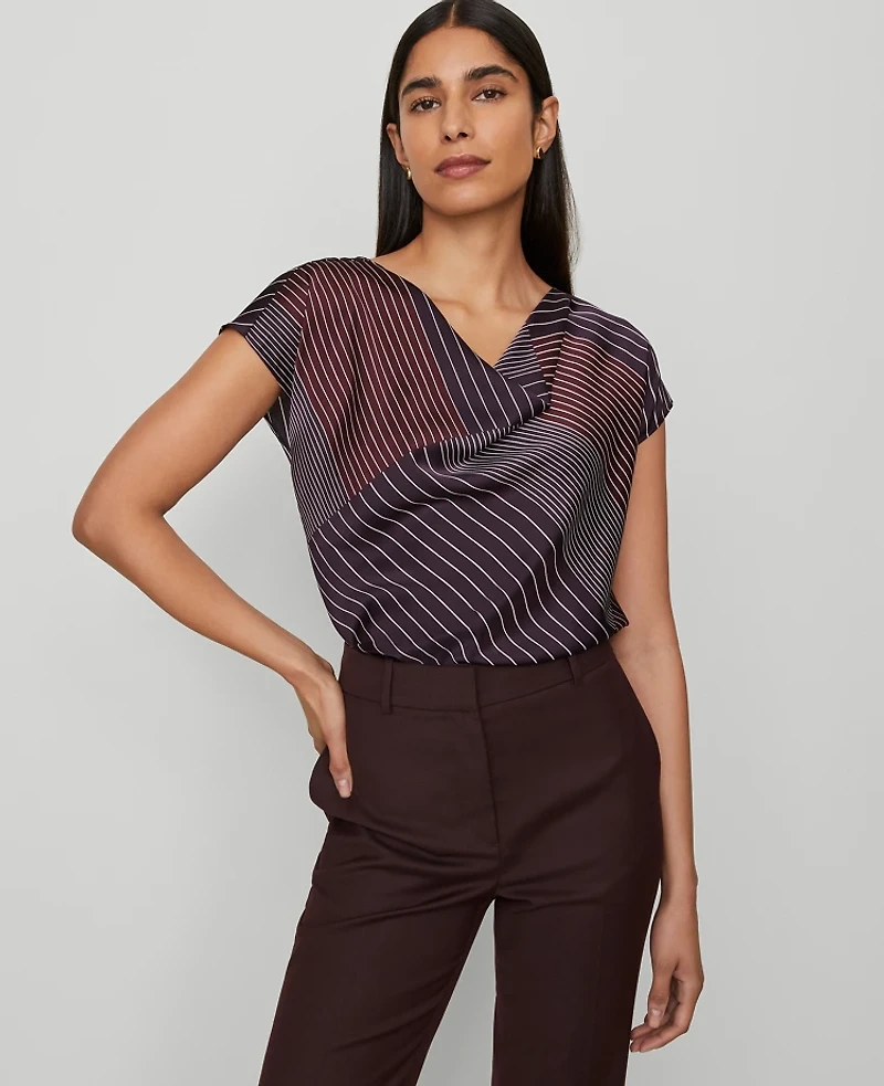 Ann Taylor Striped Satin Cowl Neck Top Size XS Deep Purple Onyx Women's