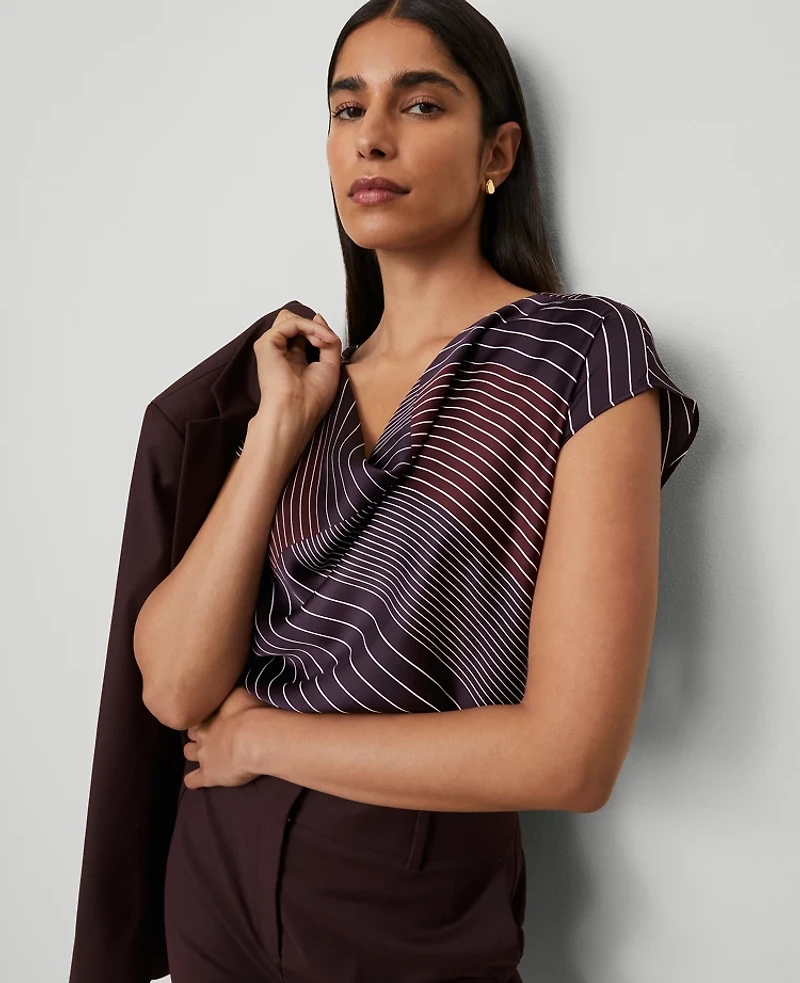 Ann Taylor Striped Satin Cowl Neck Top Size XS Deep Purple Onyx Women's