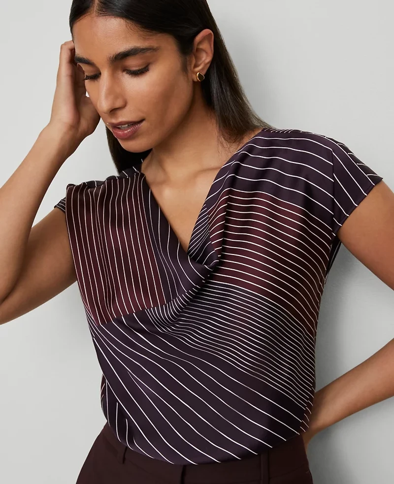 Ann Taylor Striped Satin Cowl Neck Top Size XS Deep Purple Onyx Women's