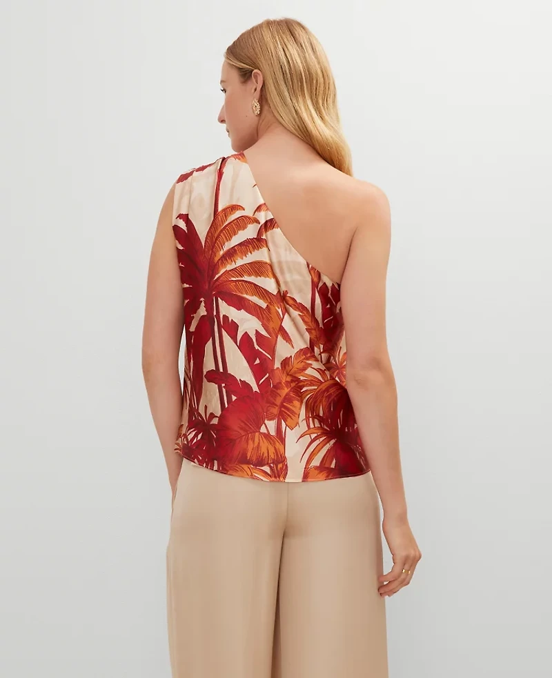 Ann Taylor Petite Studio Collection Tropical Silk One Shoulder Top Size Large Seedpearl Women's