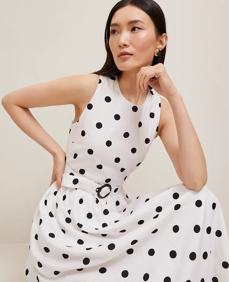 Ann Taylor Petite Dotted Linen Blend Midi Dress White Women's