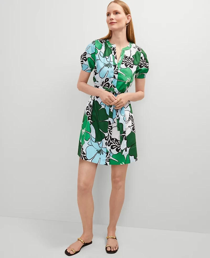 Ann Taylor Petite Floral Split Neck Flare Dress Size 2 Leafy Green Women's