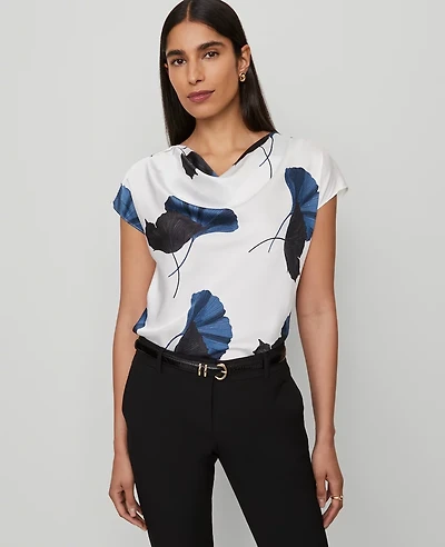 Ann Taylor Floral Satin Cowl Neck Top Size Small Moonlit Backdrop Women's