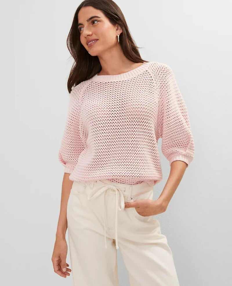 Ann Taylor Petite Weekend Collection Open Stitch Wedge Sweater Size Medium Chalk Dust Pink Women's