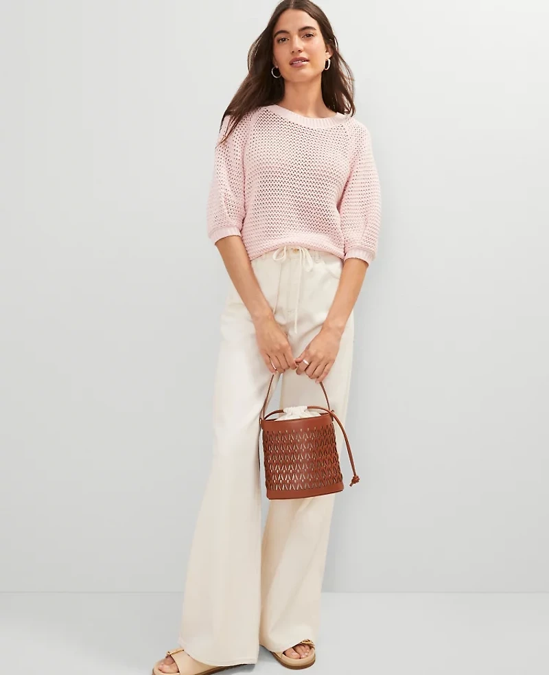 Ann Taylor Petite Weekend Collection Open Stitch Wedge Sweater Size Medium Chalk Dust Pink Women's