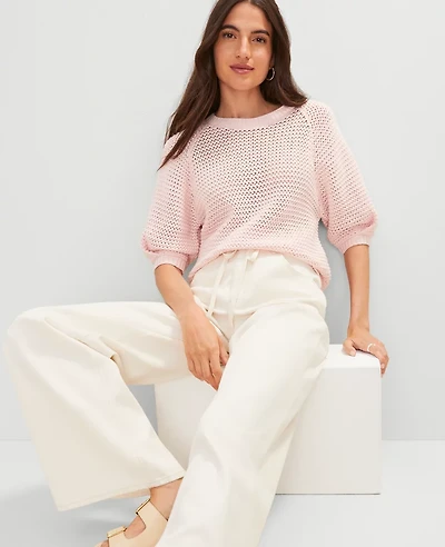 Ann Taylor Petite Weekend Collection Open Stitch Wedge Sweater Size Medium Chalk Dust Pink Women's