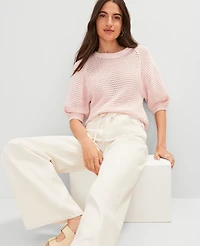 Ann Taylor Petite Weekend Collection Open Stitch Wedge Sweater Size Medium Chalk Dust Pink Women's