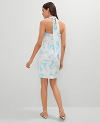 Ann Taylor Petite Linen Blend Halter Sheath Dress White-Gulf Stream Blue Women's