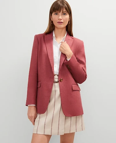 Ann Taylor The Petite Longline Blazer in Linen Blend Size 12 Burgundy Combo Women's