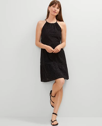 Ann Taylor Petite Eyelet Halter Flare Dress Black Women's
