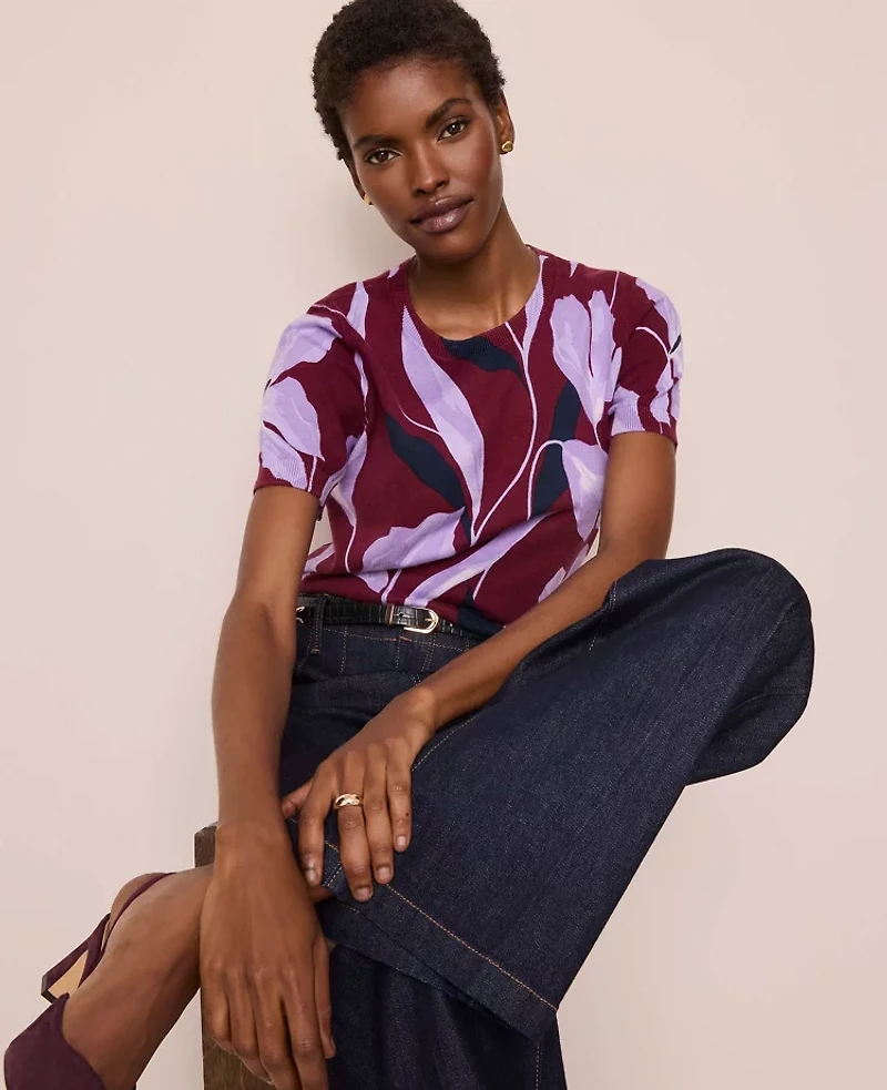 Ann Taylor Floral Sweater T-Shirt B Windsor Wine Women's