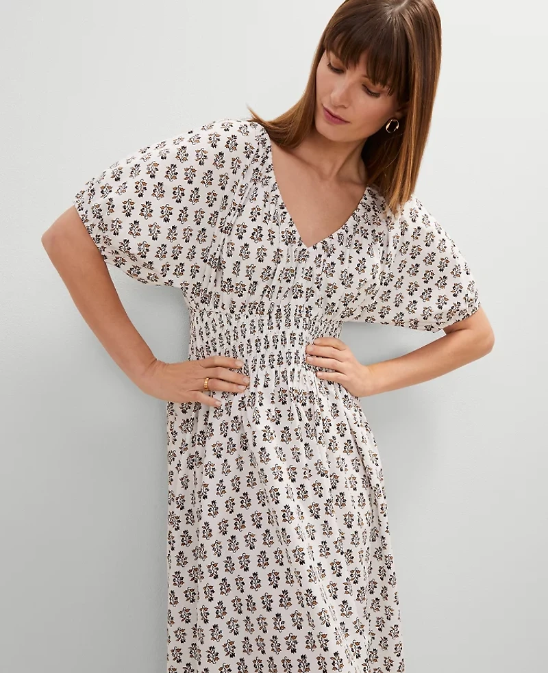 Ann Taylor Petite Floral Smocked Puff Sleeve Midi Dress Winter White Women's