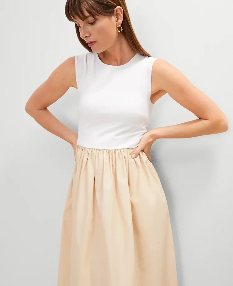 Ann Taylor Petite Crew Neck Mixed Media Flare Dress Women's