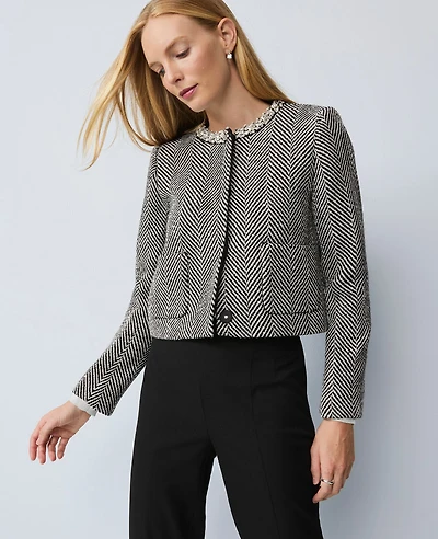 Ann Taylor Embellished Herringbone Cropped Jacket Black Women's