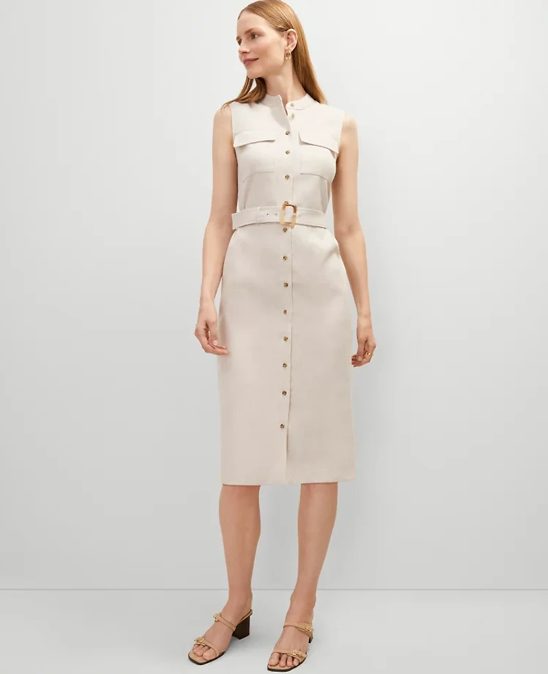 Ann Taylor Petite Belted Linen Blend Shirtdress Natural Flax Women's