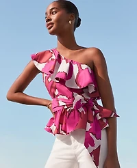 Ann Taylor Petite Floral One-Shoulder Tie Waist Blouse Rose Violet Women's