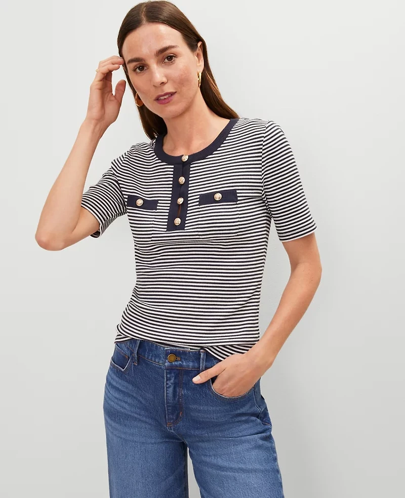 Ann Taylor Striped Contrast Trim Henley Top Size XS Navy/White Combo Women's