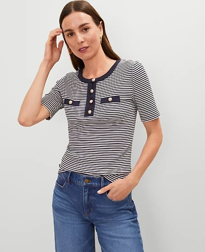 Ann Taylor Striped Contrast Trim Henley Top Navy/White Combo Women's