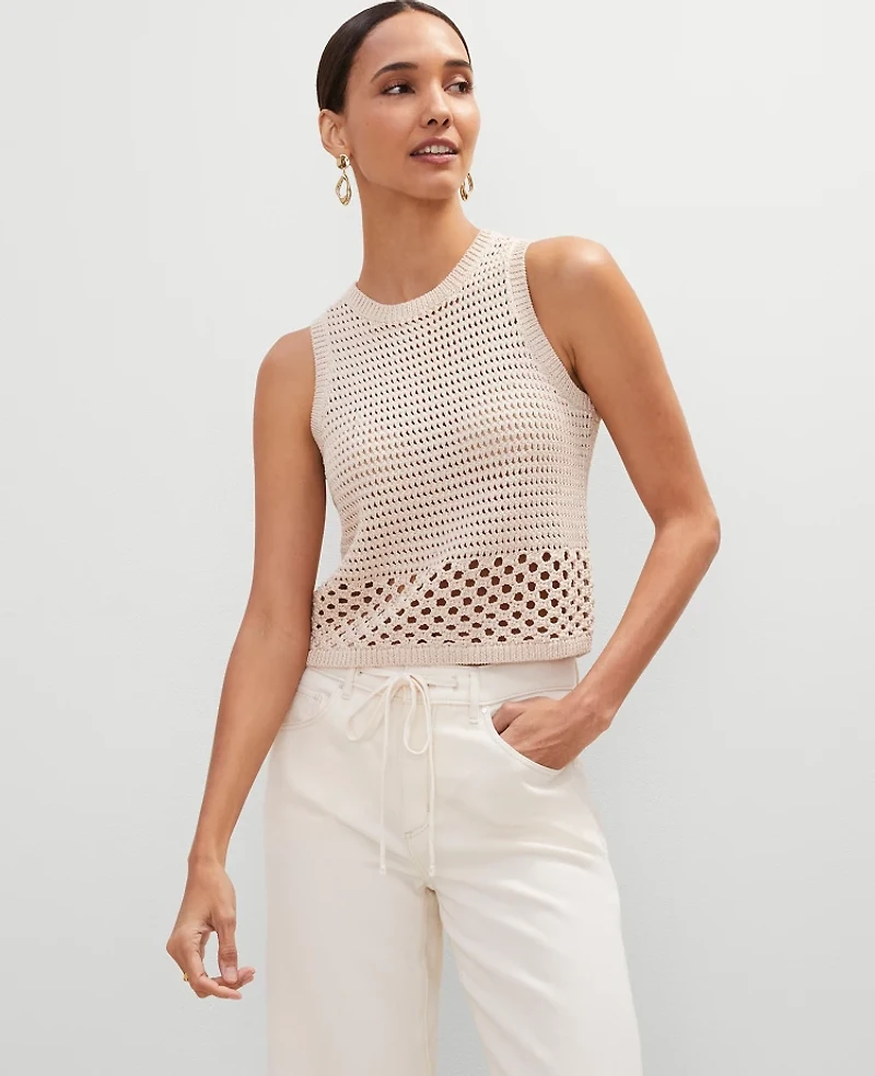 Ann Taylor Petite Crochet Sweater Shell Top Size Medium Sand Shell Top Women's