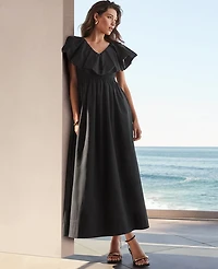 Ann Taylor Petite Ruffle Collar Maxi Flare Dress Black Women's