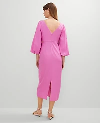 Ann Taylor Petite Linen Blend Puff Sleeve Midi Dress Pink Orchid Women's