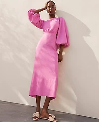 Ann Taylor Petite Linen Blend Puff Sleeve Midi Dress Pink Orchid Women's