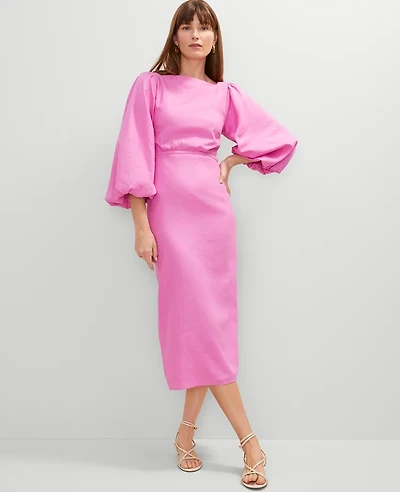 Ann Taylor Petite Linen Blend Puff Sleeve Midi Dress Pink Orchid Women's