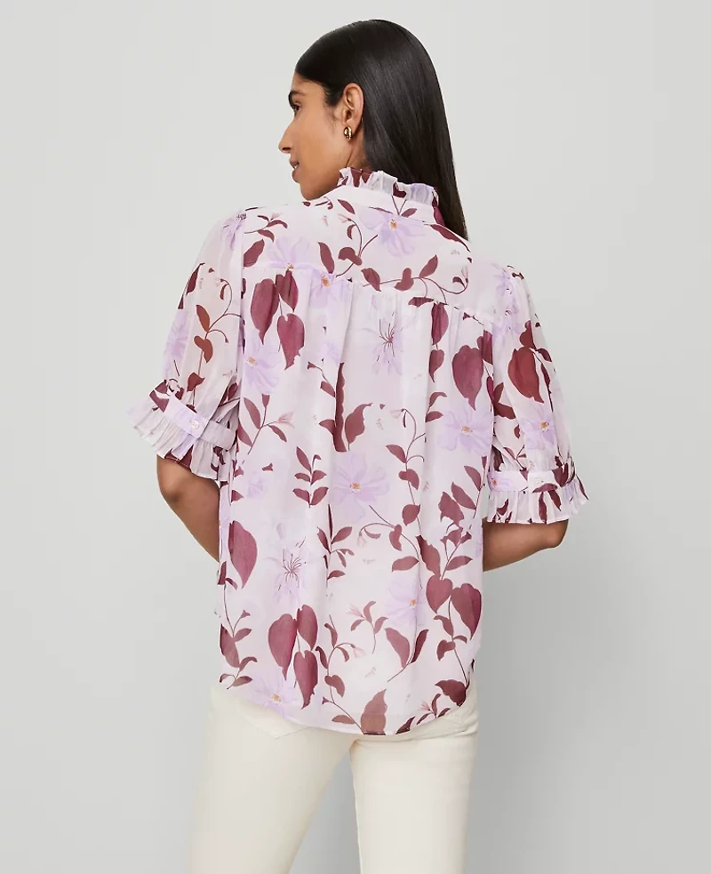 Ann Taylor Floral Ruffle Collar Shirt Spring Lilac B Women's