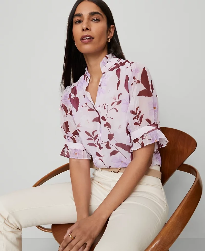 Ann Taylor Floral Ruffle Collar Shirt Spring Lilac B Women's