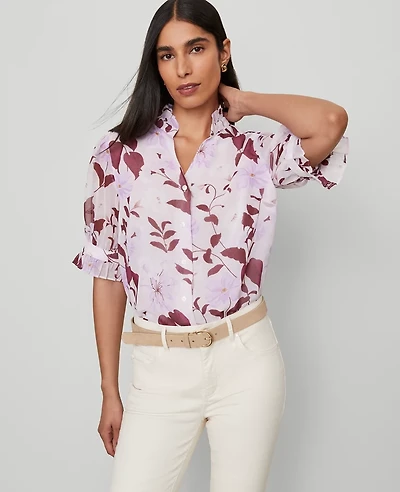 Ann Taylor Floral Ruffle Collar Shirt Spring Lilac B Women's