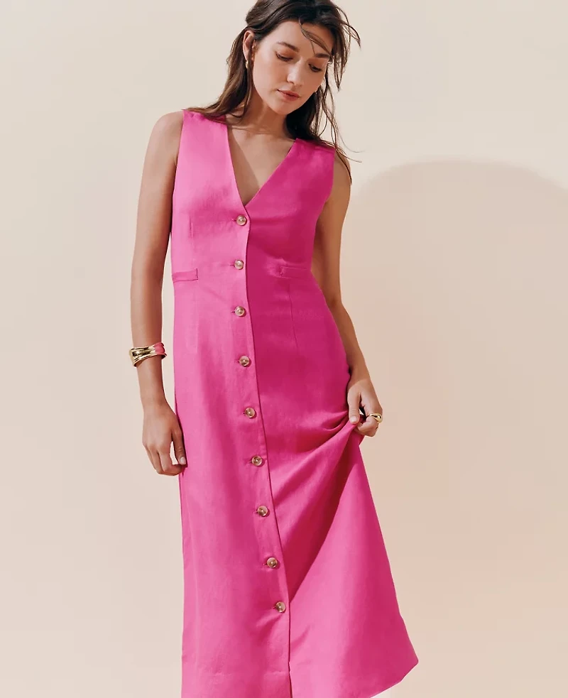 Ann Taylor Petite Linen Blend V-Neck Shirtdress Rose Violet Women's