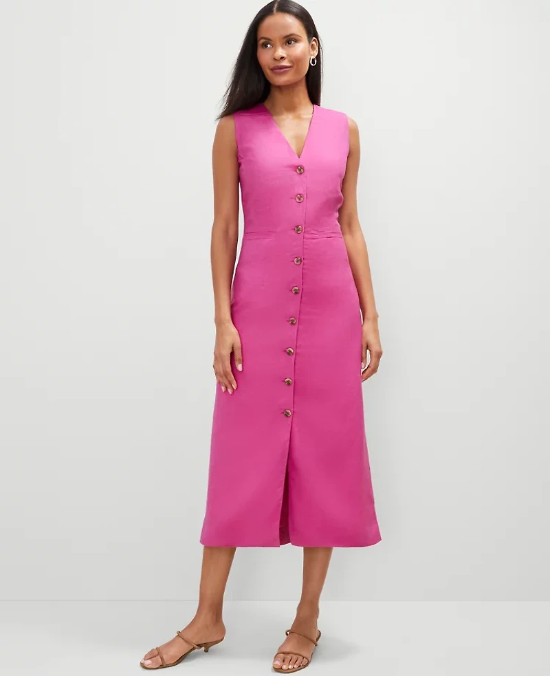Ann Taylor Petite Linen Blend V-Neck Shirtdress Rose Violet Women's