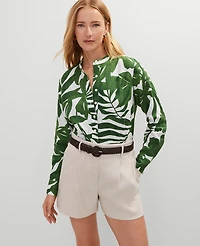 Ann Taylor Petite Floral Linen Perfect Shirt Leafy Green Women's