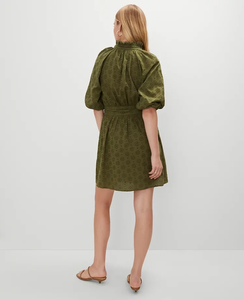 Ann Taylor Petite Eyelet Ruffle Neck Flare Dress Moss Green Women's